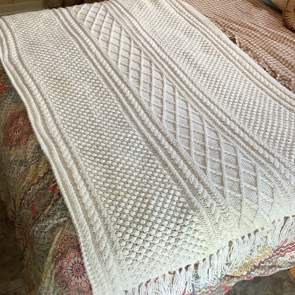 Vintage White Chunky Fringe Handcrafted Afghan
